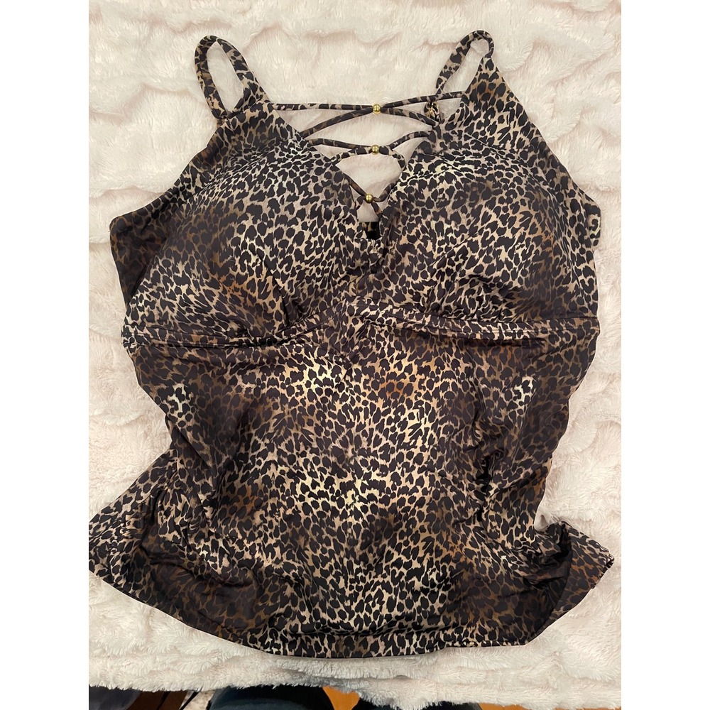 Swimsuits For All Womens Leopard Print Lace Up Tankini Top Brown Black Ruched